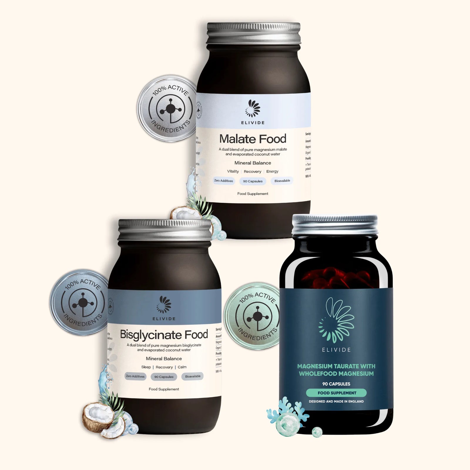ELIVIDE Complete Magnesium Setup – full collection of glass jar magnesium supplements including Bisglycinate Food, Malate Food and Taurate Food for balance, energy and recovery
