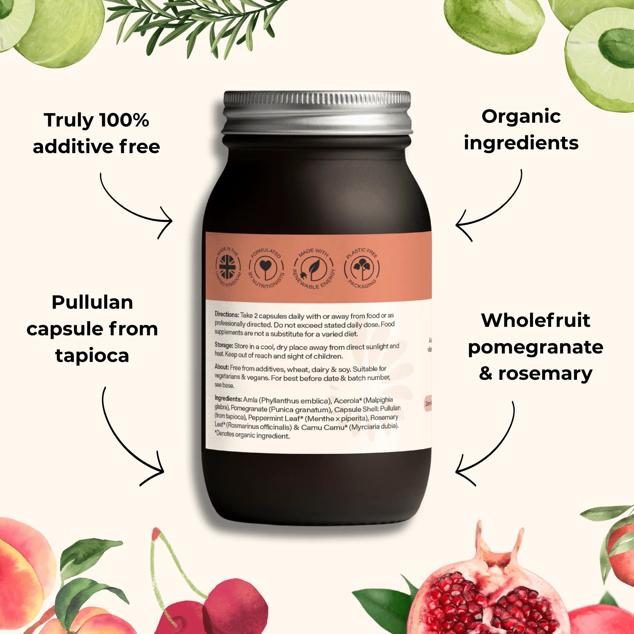 Close-up of ELIVIDE Eclipse Wholefood Vitamin C ingredients showing amla, acerola, pomegranate and rosemary – rich natural sources of antioxidants and polyphenols