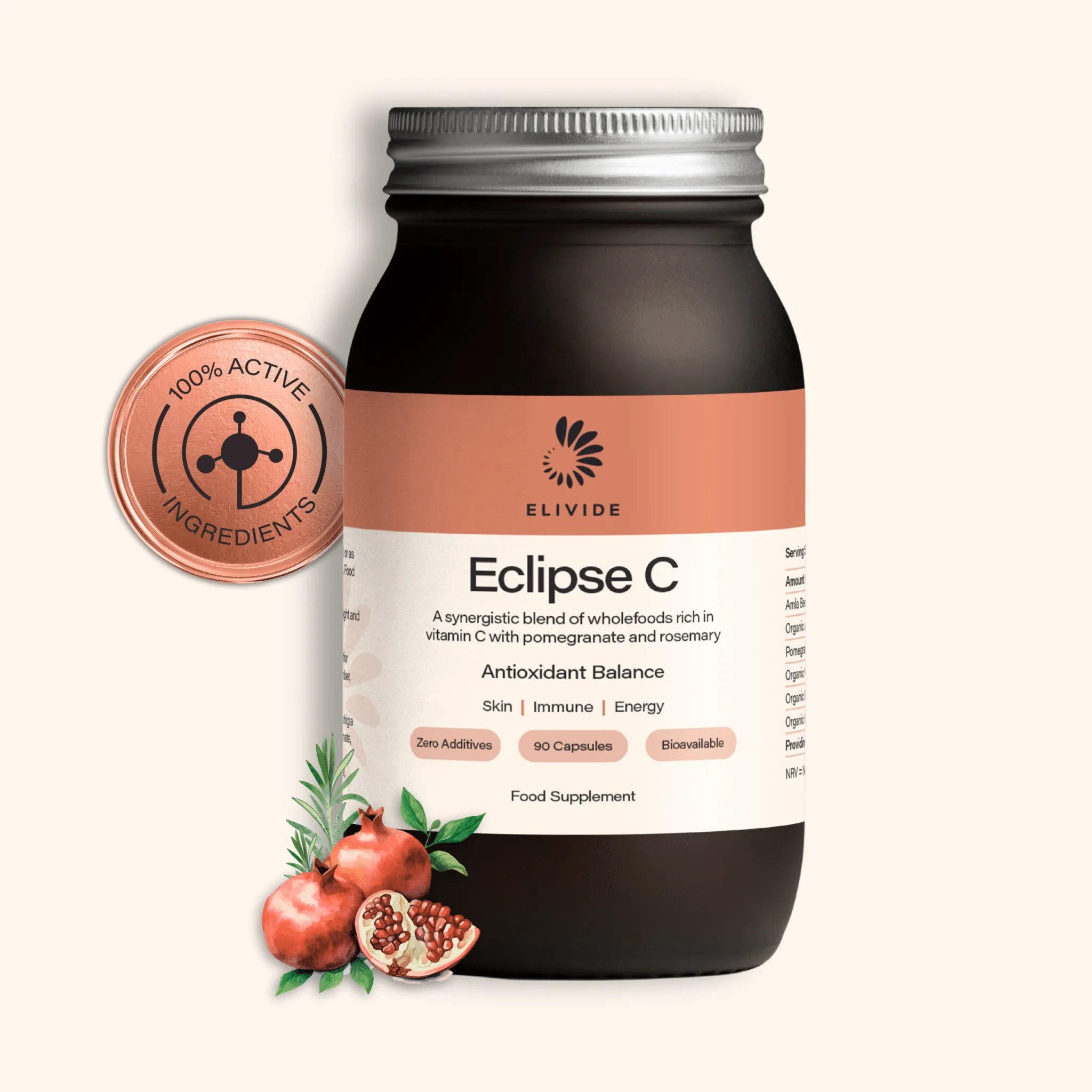 ELIVIDE Eclipse Wholefood Vitamin C in glass jar – antioxidant wholefood supplement with amla, acerola and pomegranate for immune and skin health
