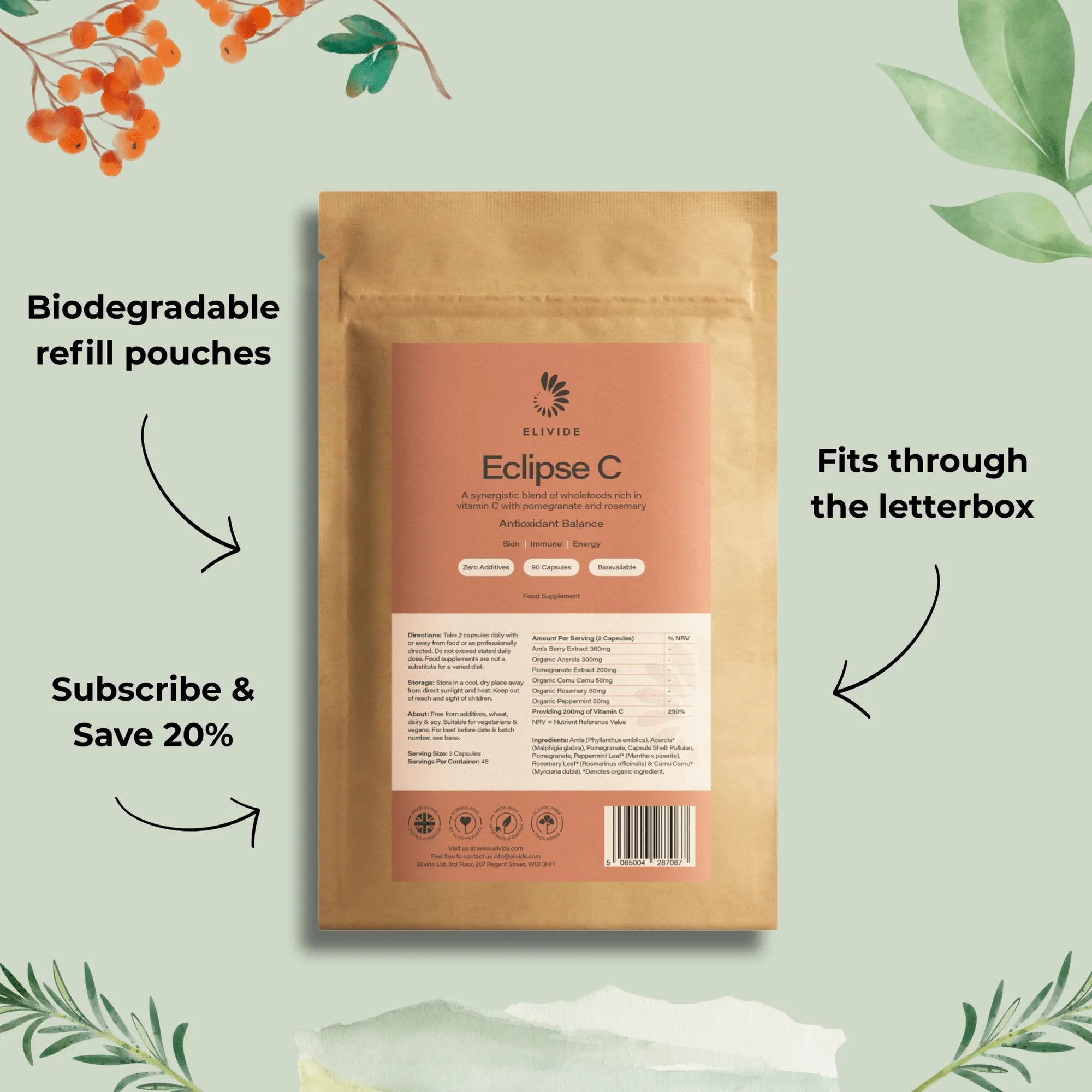 Biodegradable refill pouch of ELIVIDE Eclipse Wholefood Vitamin C – natural vitamin C complex from amla, acerola and camu camu supporting immunity and collagen formation