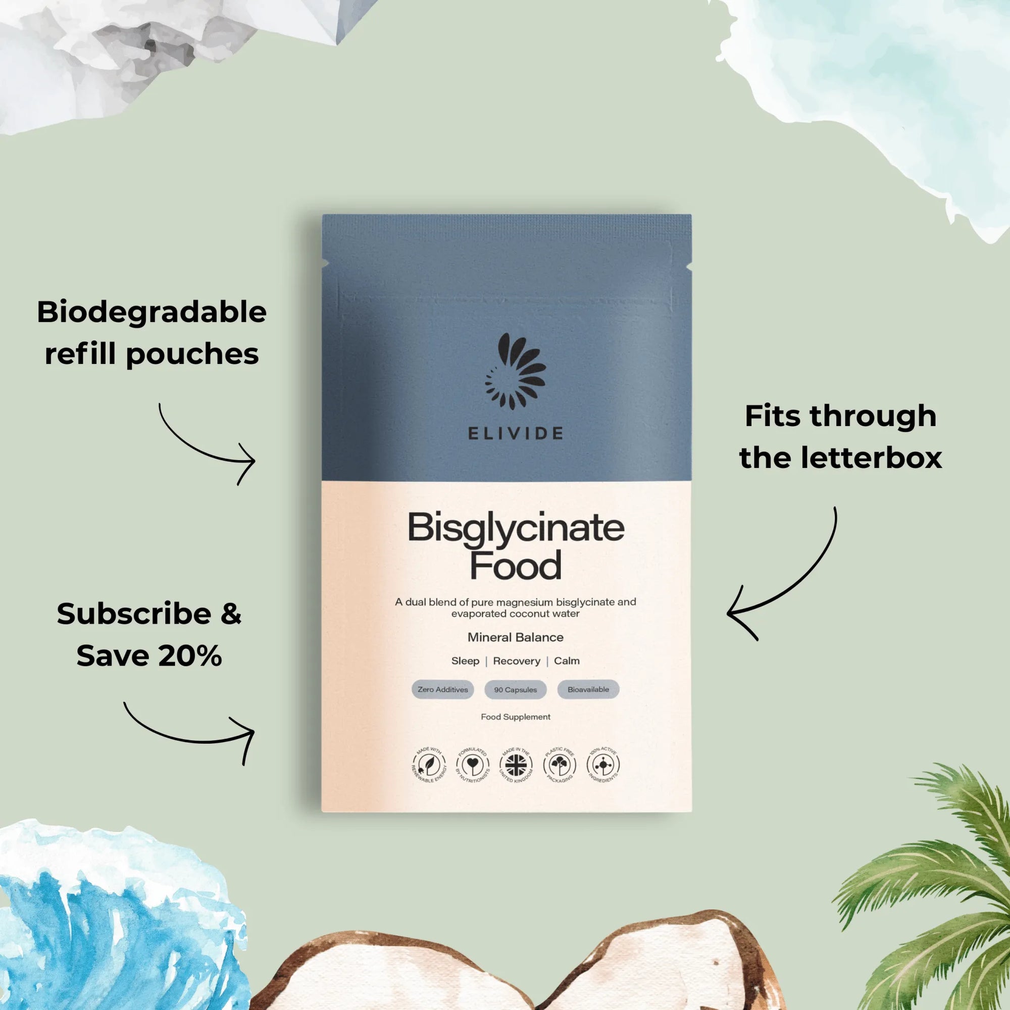Biodegradable refill pouch of ELIVIDE Magnesium Bisglycinate Food – natural magnesium chelate supporting relaxation, nerve balance and restorative sleep