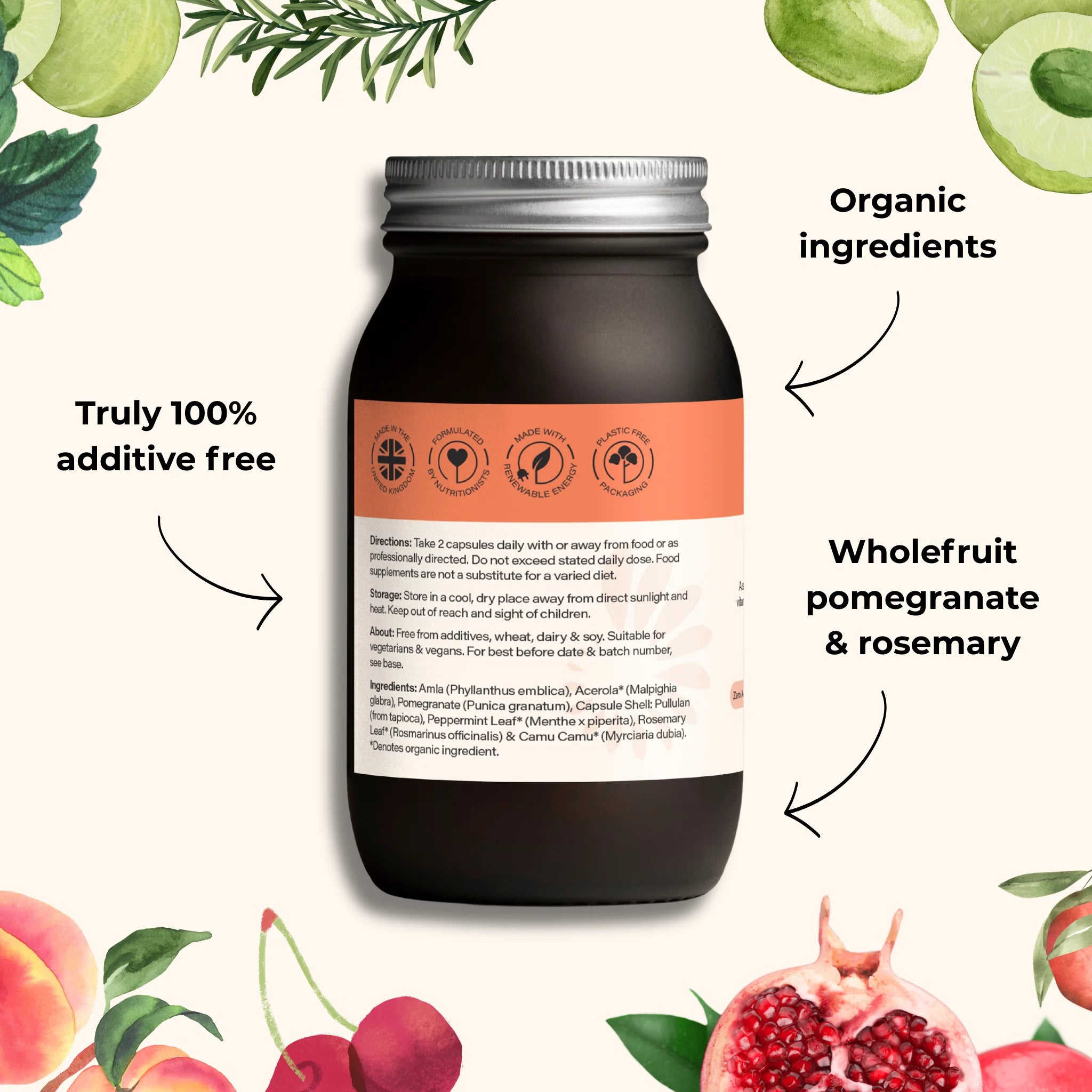 Wholefood vitamin C ingredients including pomegranate rosemary acerola and amla