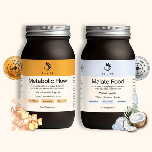 Two Elivide supplement bottles: Metabolic Flow (60 capsules, yellow label) for energy and metabolism, and Malate Food (90 capsules, blue label) for mineral balance, displayed with ingredient illustrations.