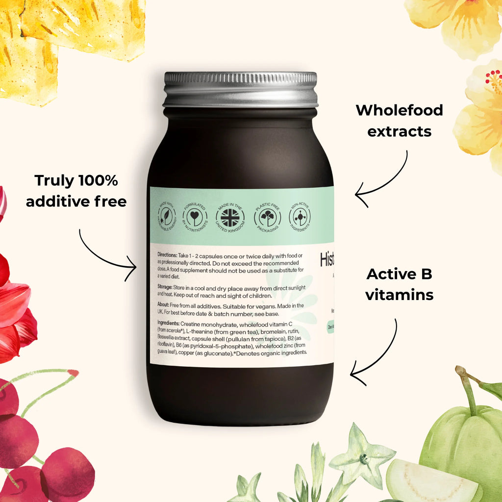 Histamine Resolve ingredients including bromelain rutin boswellia theanine and B vitamins