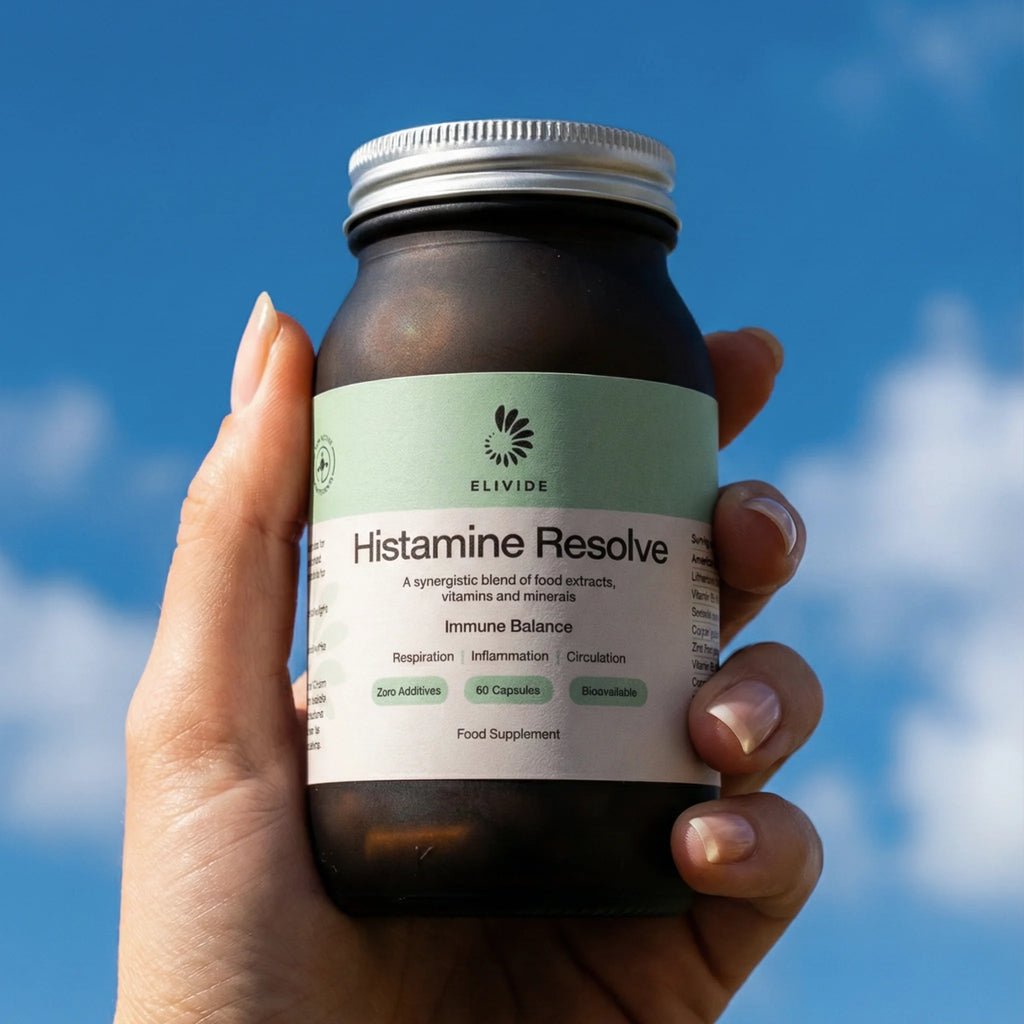 ELIVIDE Histamine Resolve supplement bottle supporting histamine intolerance and immune balance