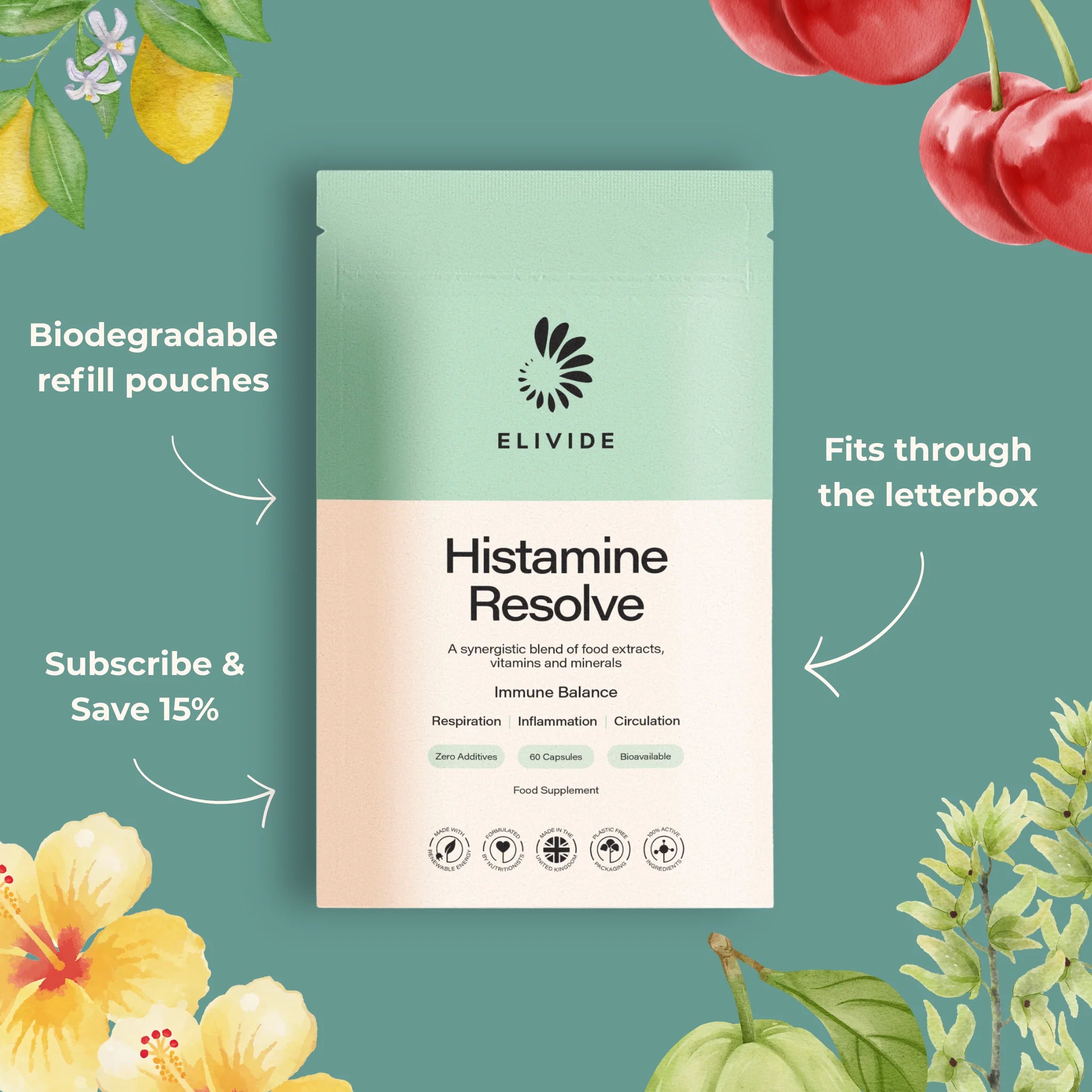 ELIVIDE Histamine Resolve refill pouch subscription plastic free packaging