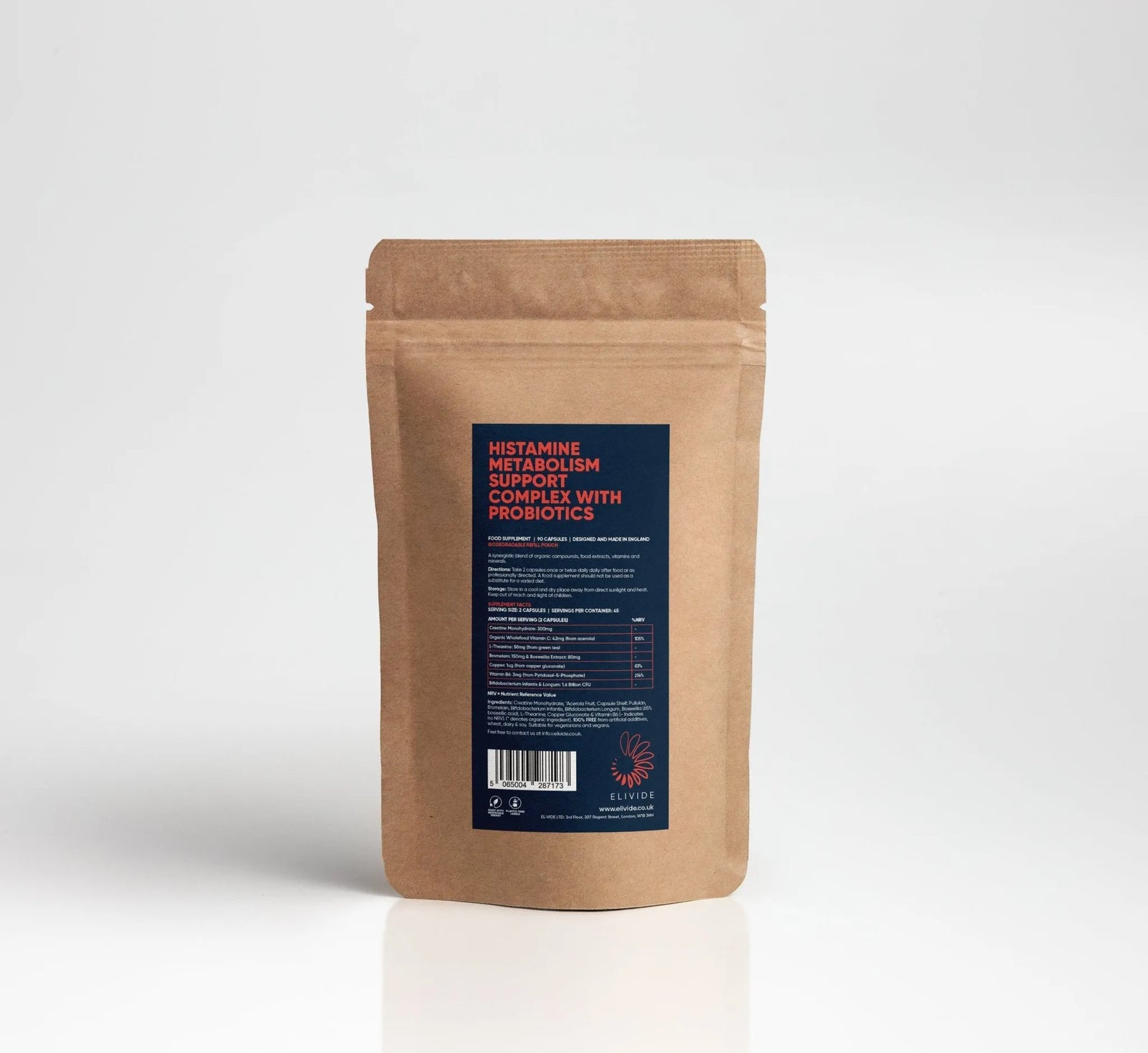 Biodegradable Refill Pouch – Histamine and Inflammation Support with Probiotics, Boswellia, Cherry and Bromelain – For Gut Health and Histamine Metabolism – Sustainable Packaging