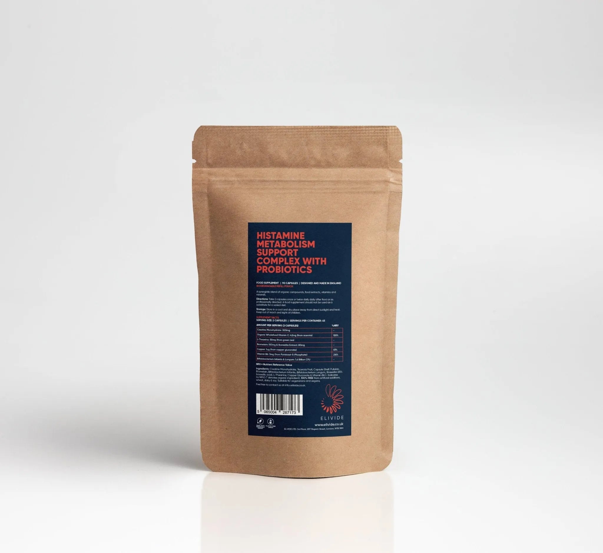 Biodegradable Refill Pouch – Histamine and Inflammation Support with Probiotics, Boswellia, Cherry and Bromelain – For Gut Health and Histamine Metabolism – Sustainable Packaging