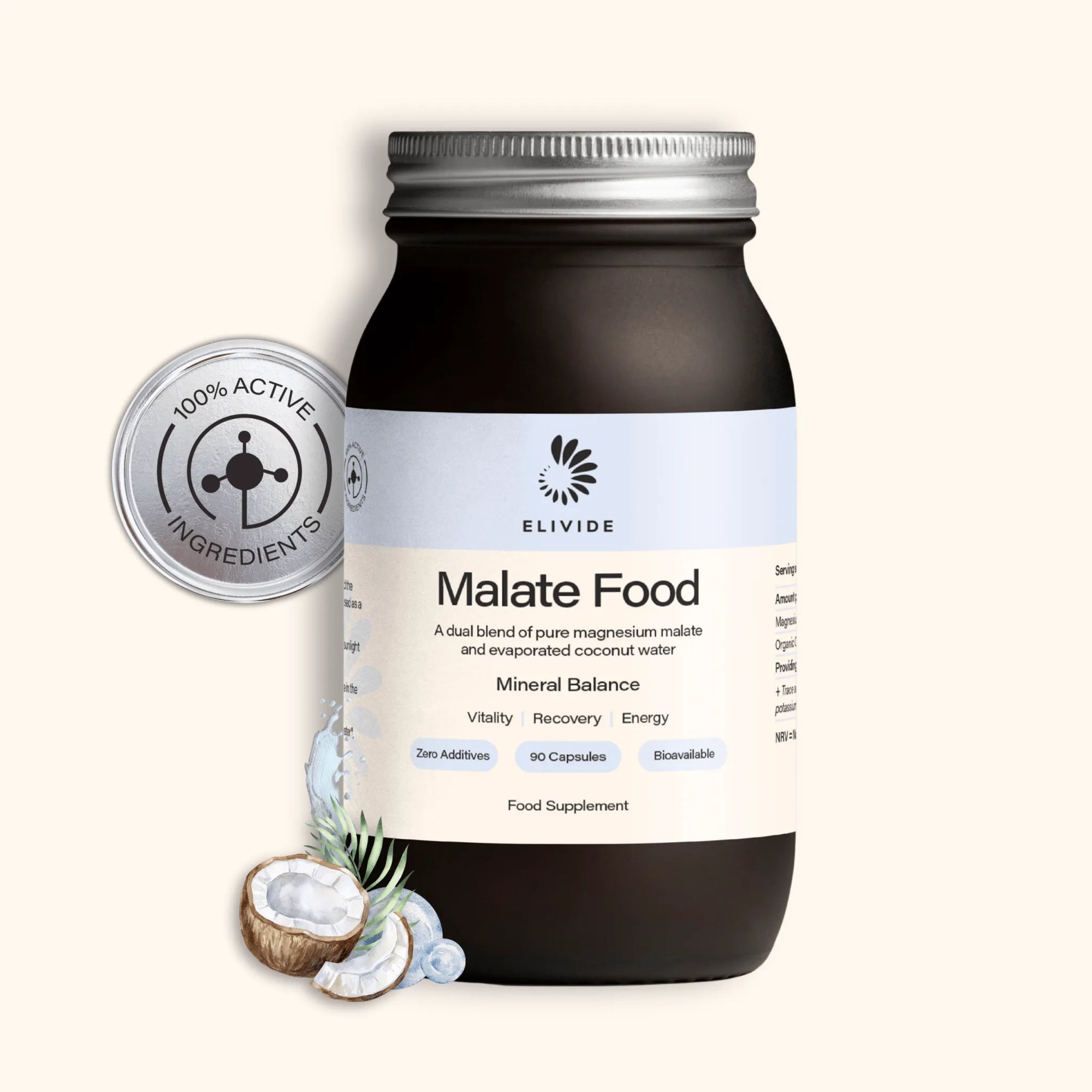 ELIVIDE Magnesium Malate Food in glass jar – additive-free magnesium supplement with organic coconut water for energy, recovery and metabolic vitality