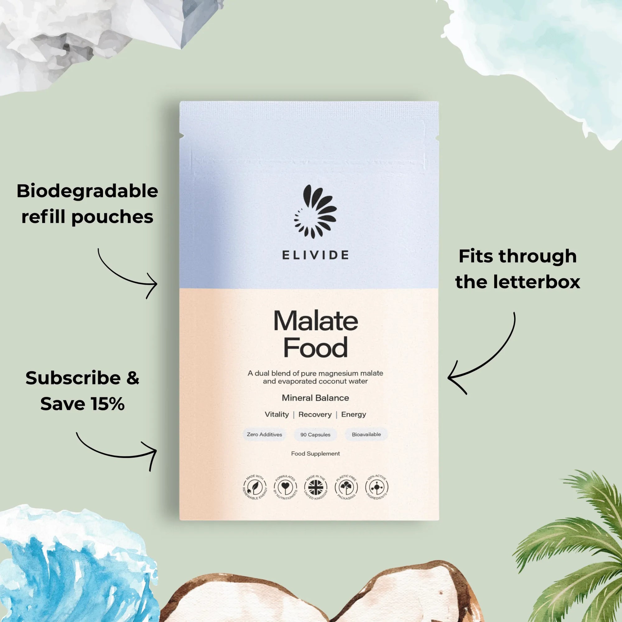 Biodegradable refill pouch of ELIVIDE Magnesium Malate Food – natural magnesium and malic acid complex supporting energy production and muscle function