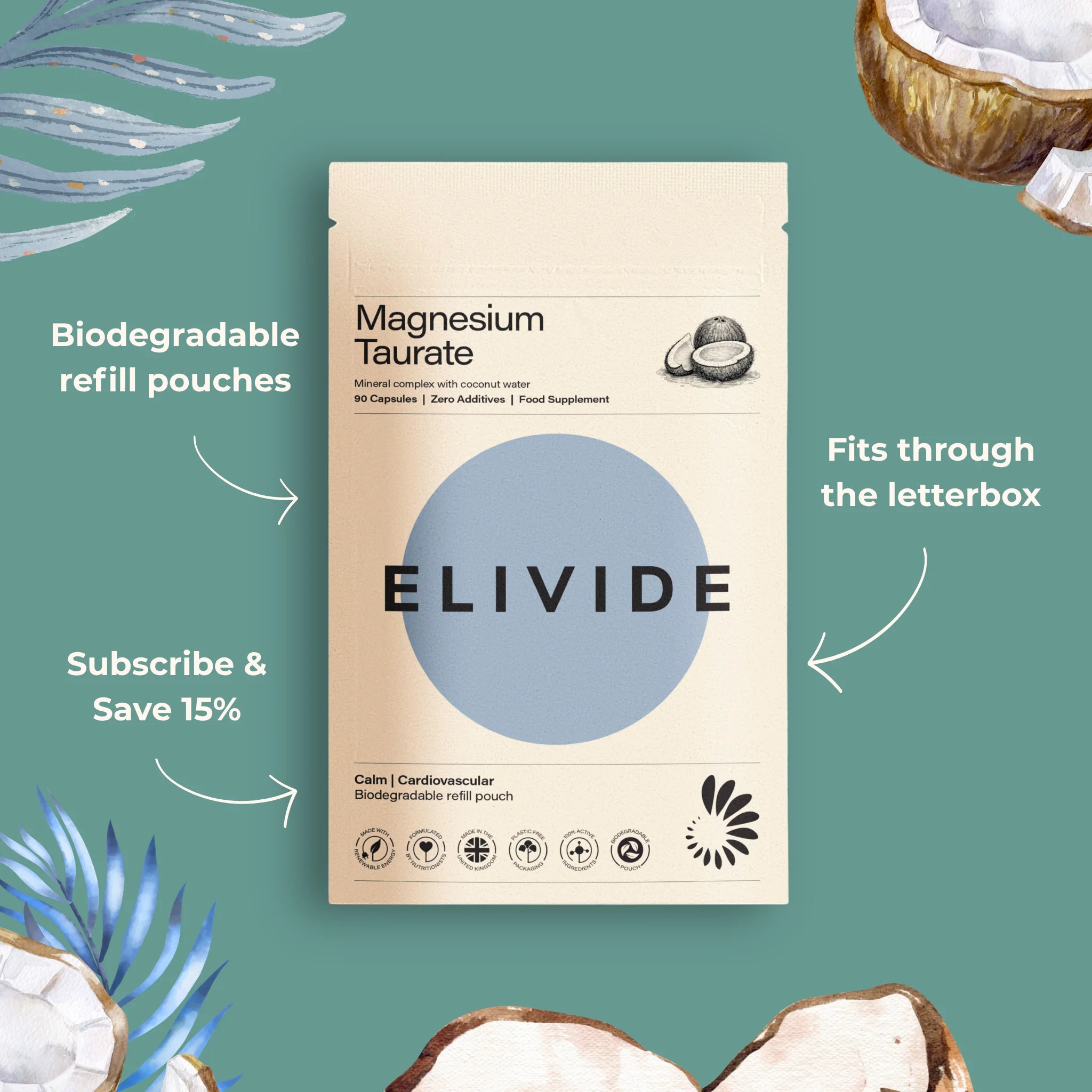 Magnesium taurate biodegradable refill pouch supplement ELIVIDE subscribe and save