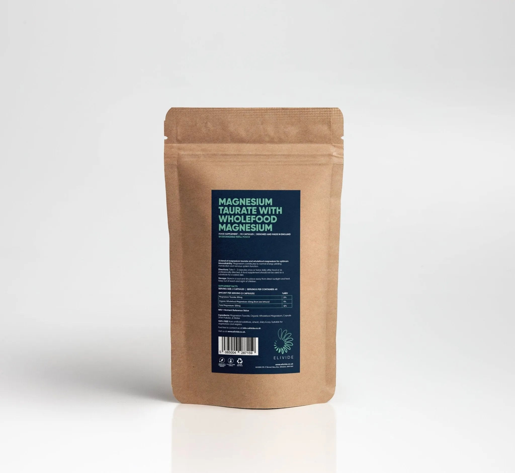 Biodegradable Refill Pouch – Magnesium Taurate and Organic Sea Lettuce-Based Magnesium – Cardiovascular, Longevity and Relaxation Support – Sustainable Supplement Option