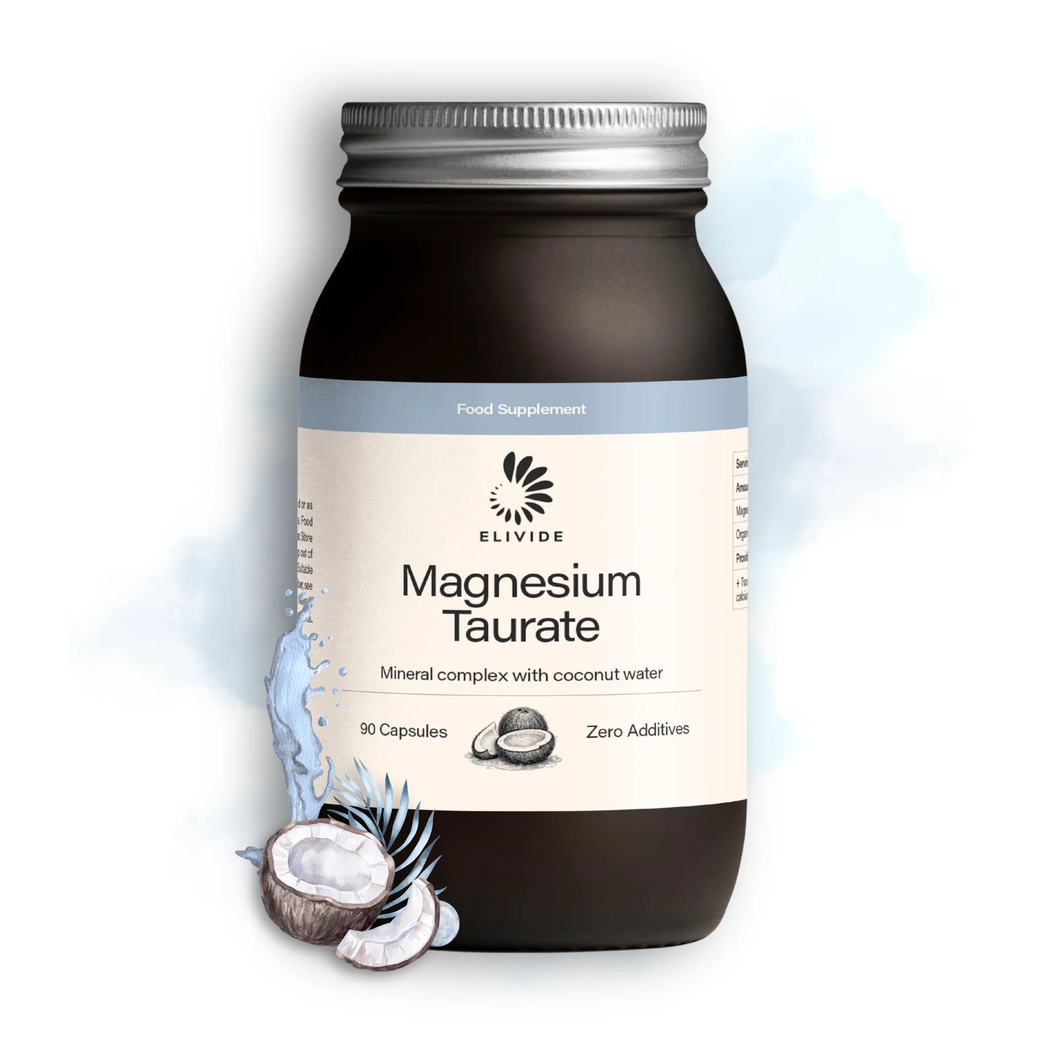 Magnesium taurate supplement with coconut water ELIVIDE glass jar 90 capsules