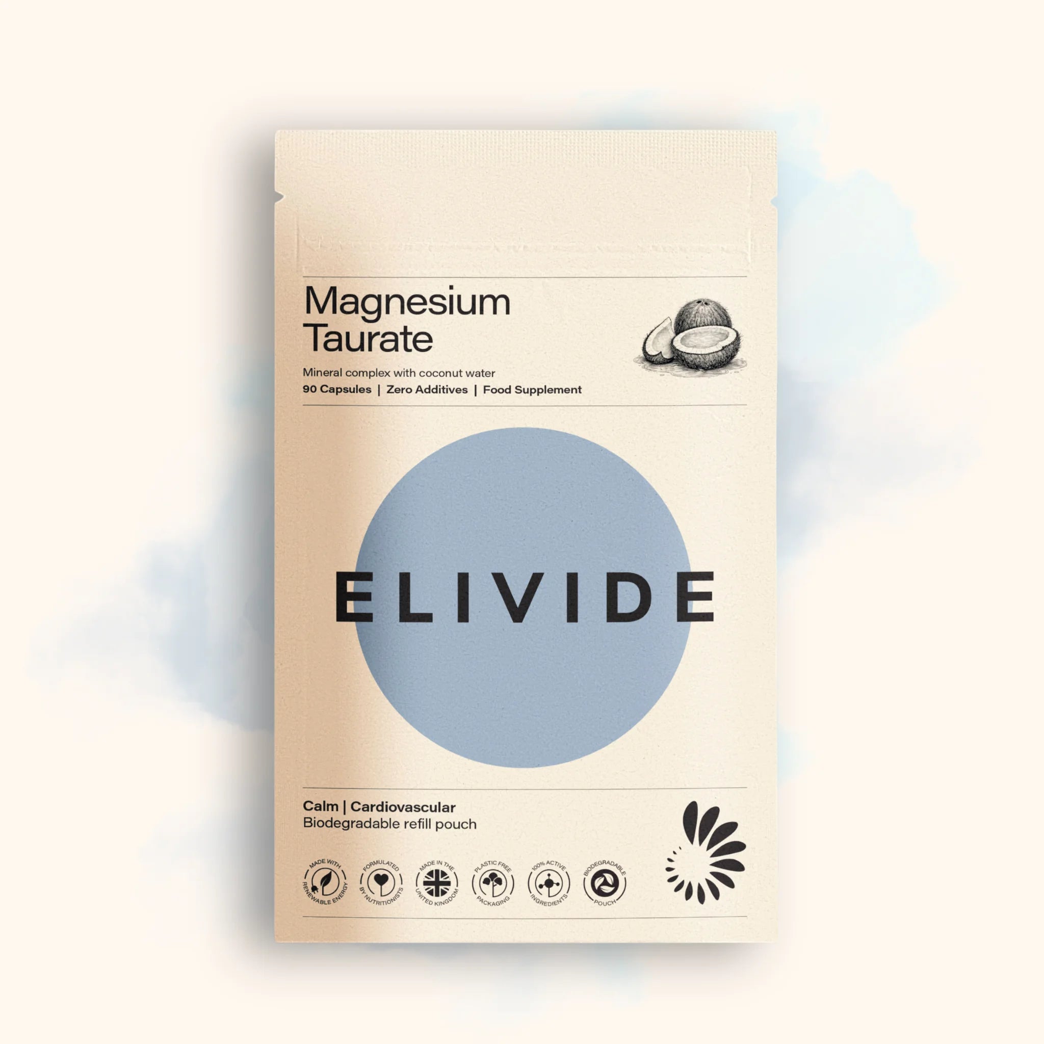 Magnesium taurate biodegradable refill pouch ELIVIDE coconut water mineral complex