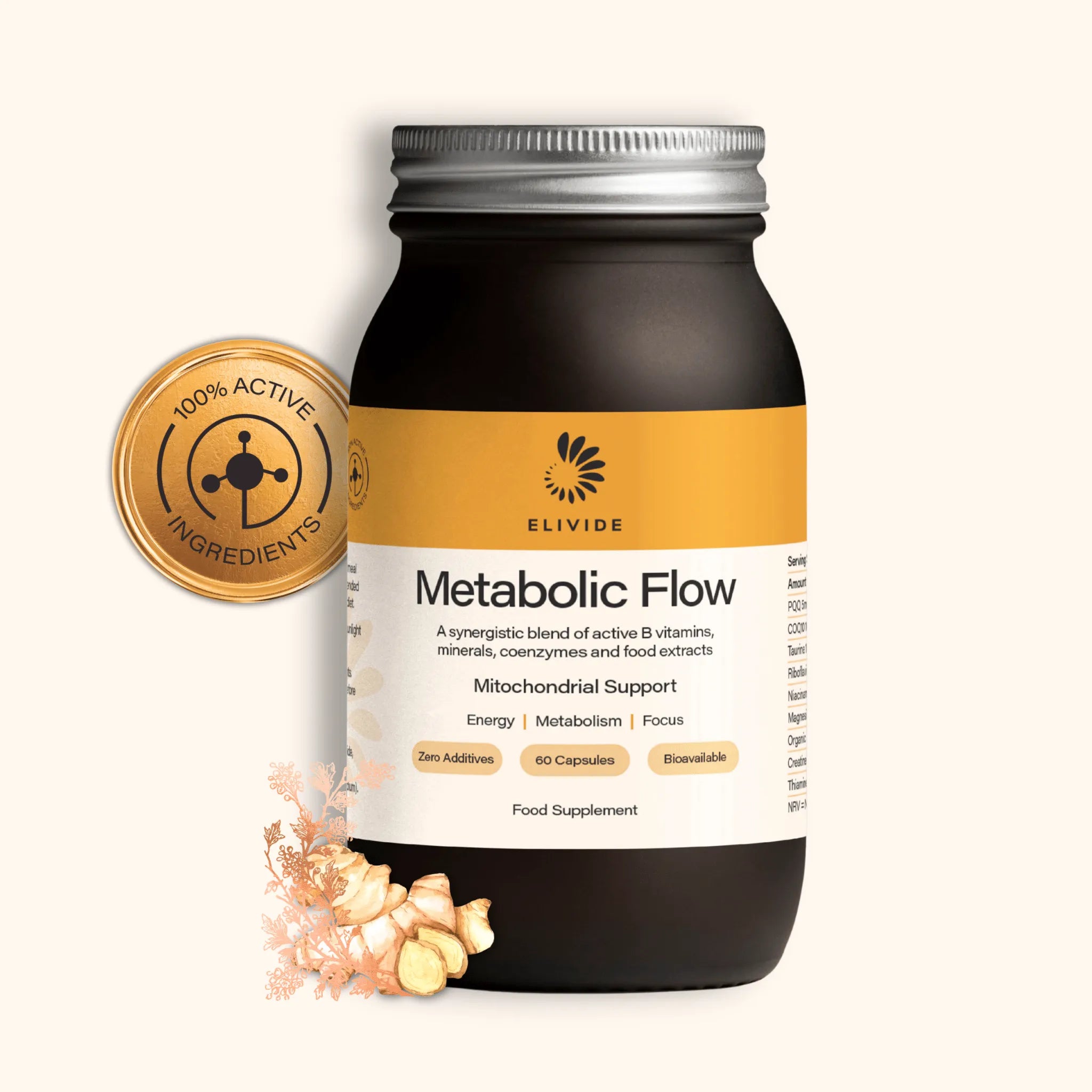 ELIVIDE Metabolic Flow in glass jar – mitochondrial health and energy supplement with CoQ10, PQQ, taurine and B-vitamins for focus and vitality