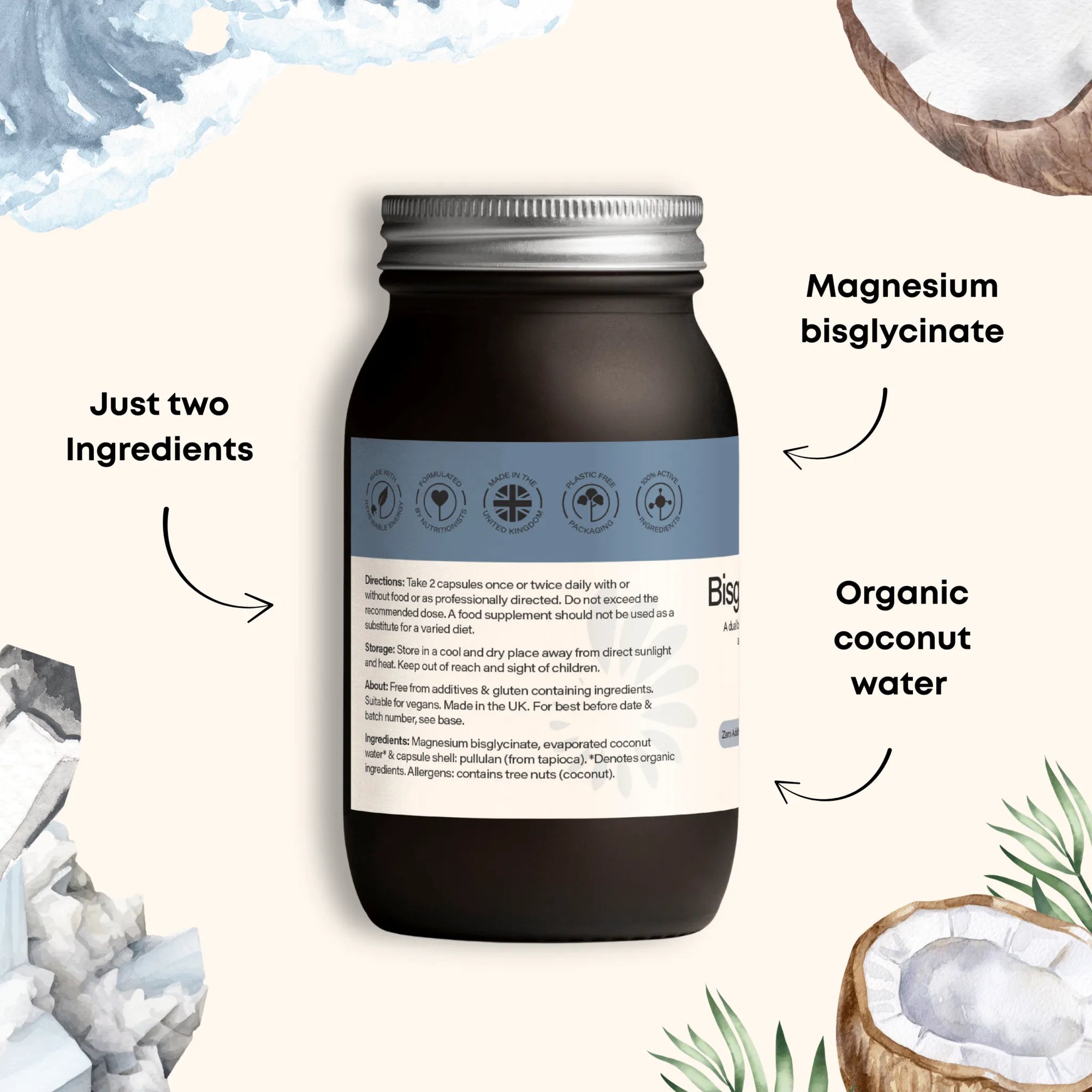 Close-up of ELIVIDE Magnesium Bisglycinate Food ingredients showing pure magnesium bisglycinate blended with organic evaporated coconut water minerals