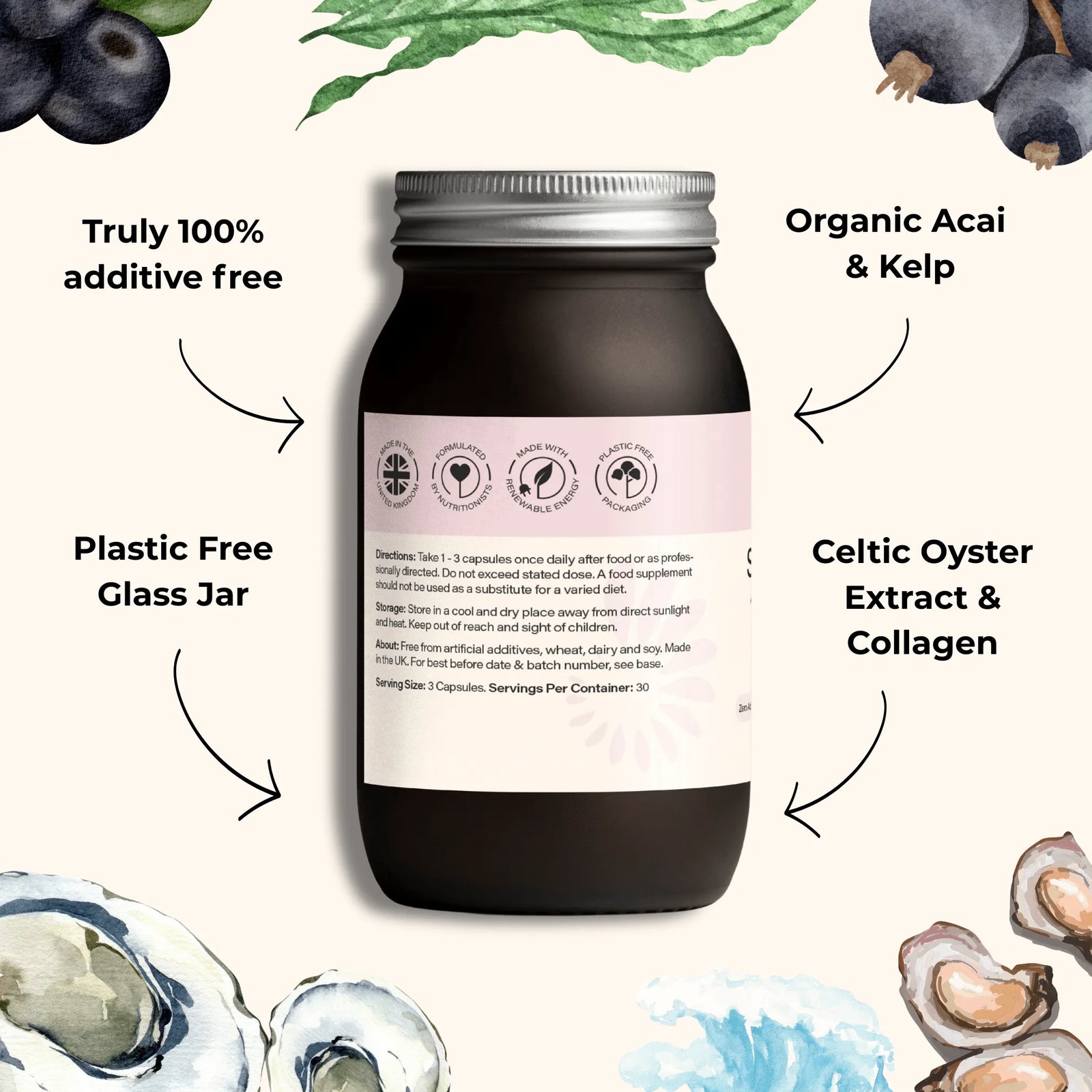 Close-up of wholefood ingredients in ELIVIDE Skin Mineral including oyster extract, marine collagen, acai berry and kelp powder