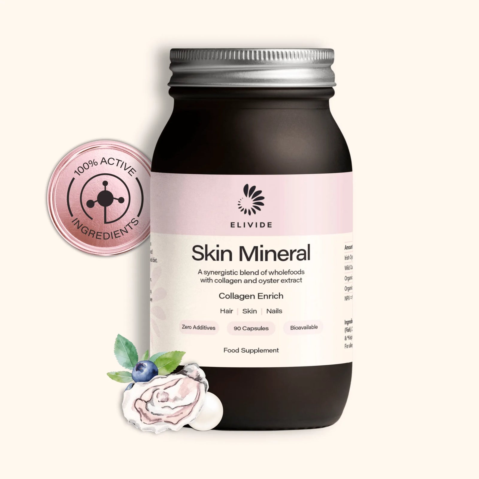ELIVIDE Skin Mineral supplement in glass jar – wholefood oyster and marine collagen blend for skin, hair and thyroid health