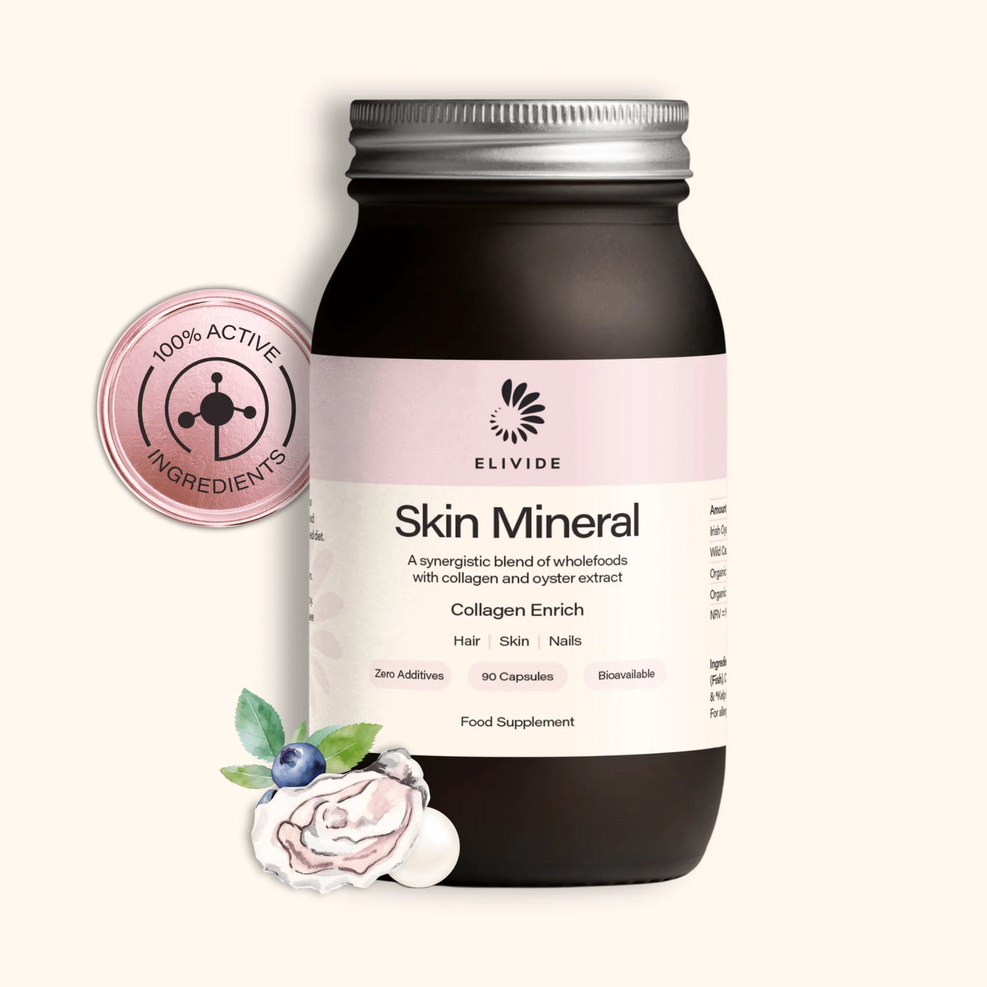ELIVIDE Skin Mineral supplement in glass jar – wholefood oyster and marine collagen blend for skin, hair and thyroid health