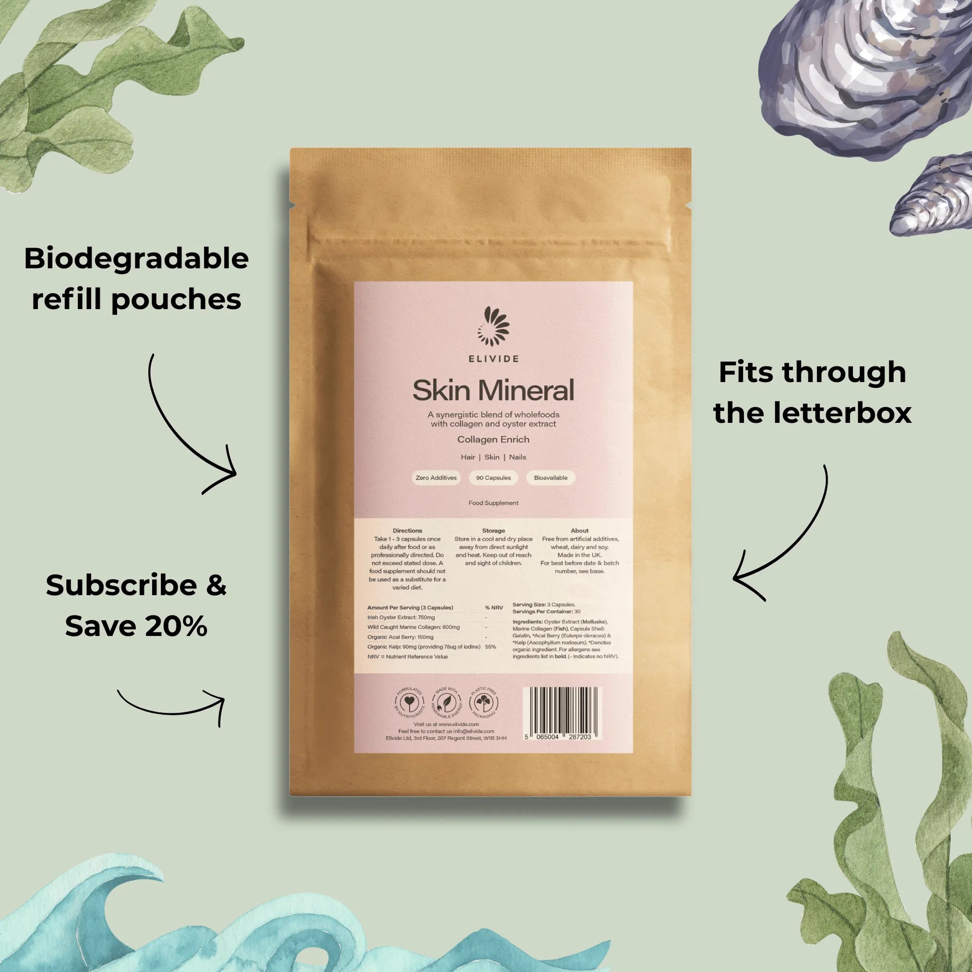 Biodegradable refill pouch of ELIVIDE Skin Mineral – natural oyster and collagen supplement for radiant skin and mineral balance