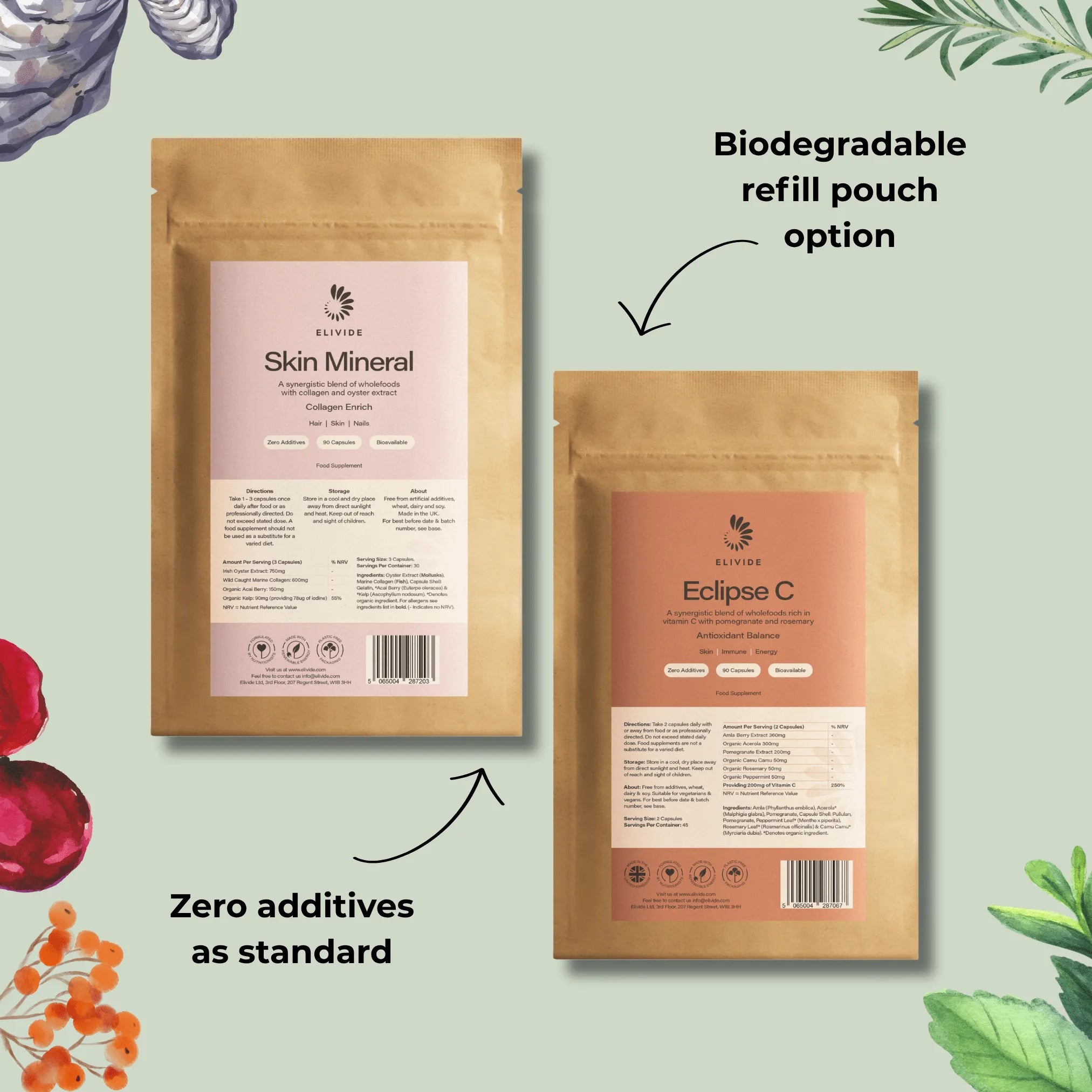 ELIVIDE Wholefood Duo Refill Pouches For Postbox Delivery, Biodegradable & Plastic Free