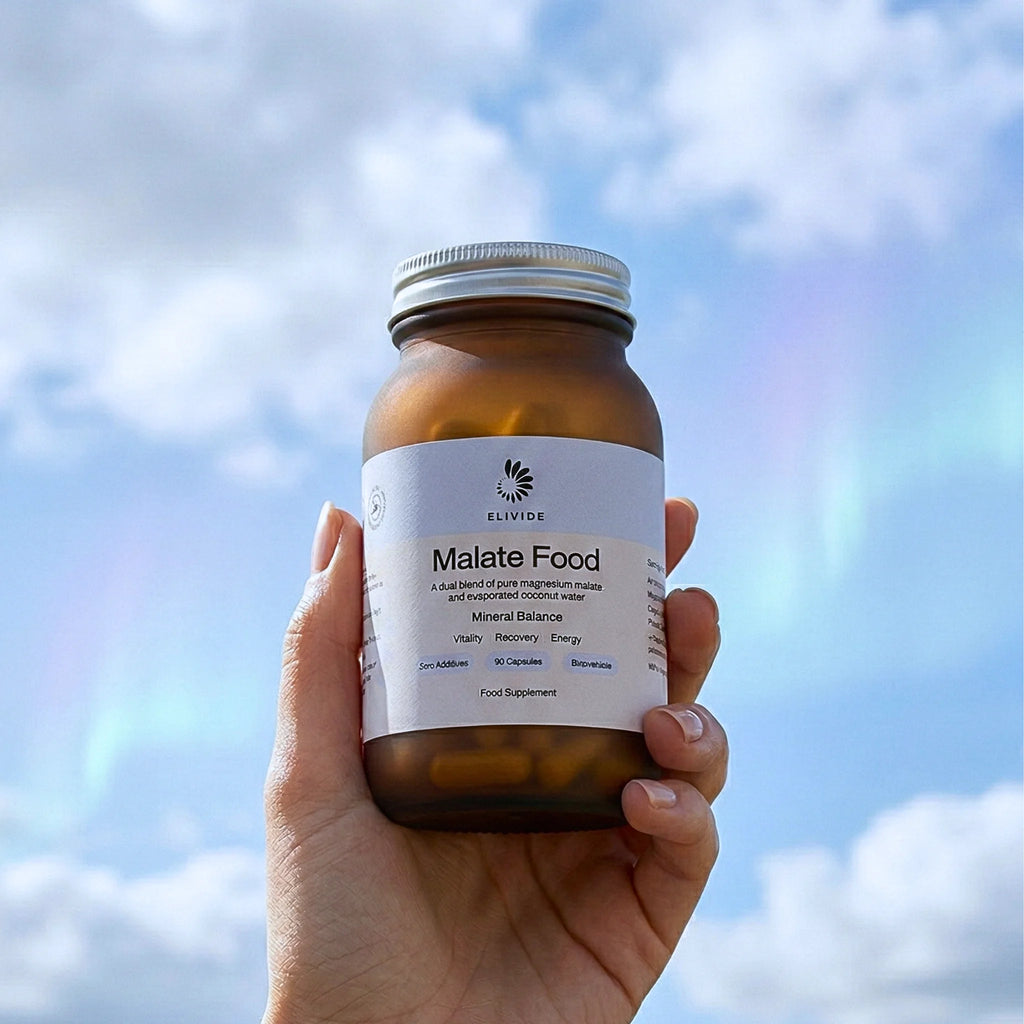 ELIVIDE magnesium malate supplement bottle held in hand