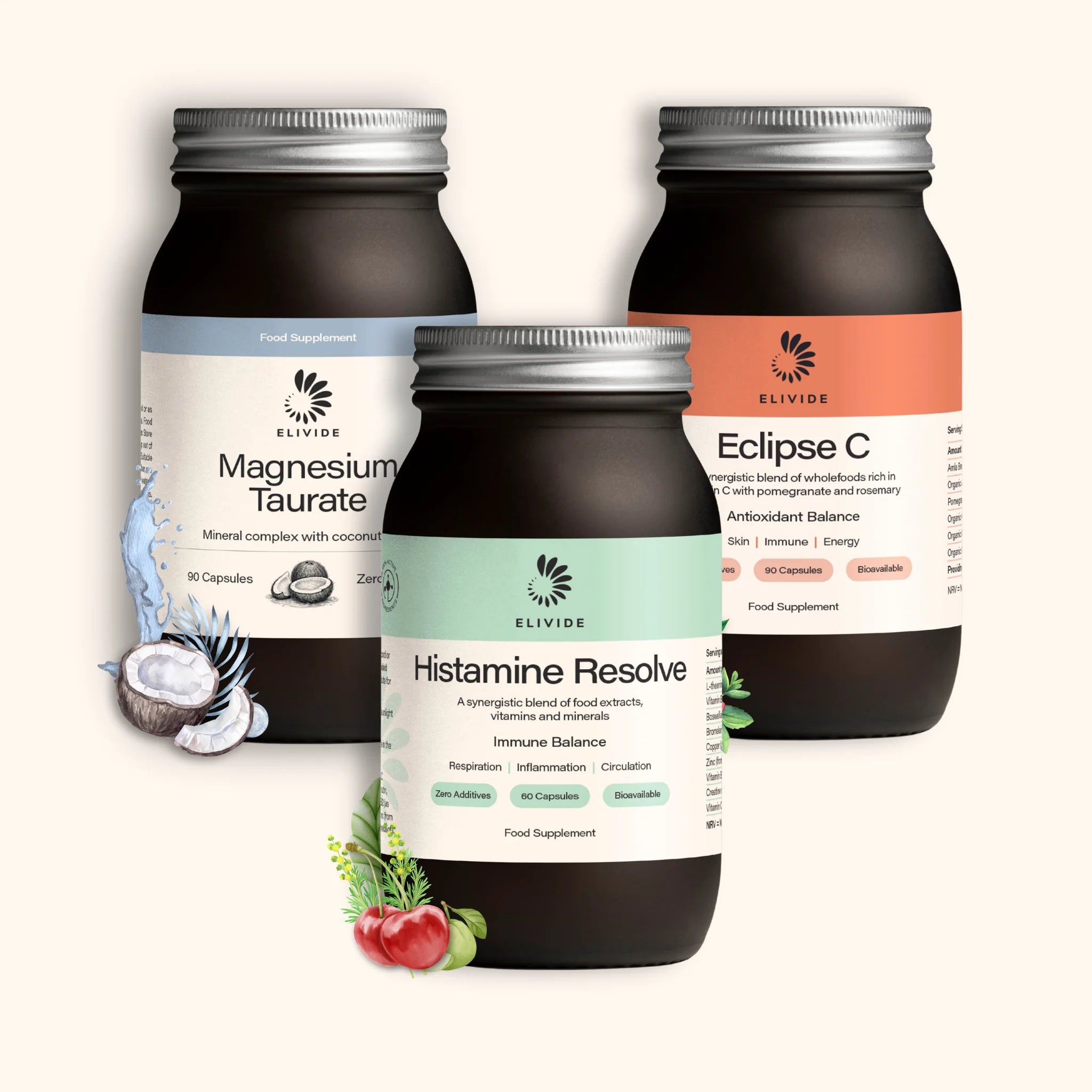 Histamine reset stack glass jars with histamine resolve, eclipse wholefood vitamin C, magnesium taurate