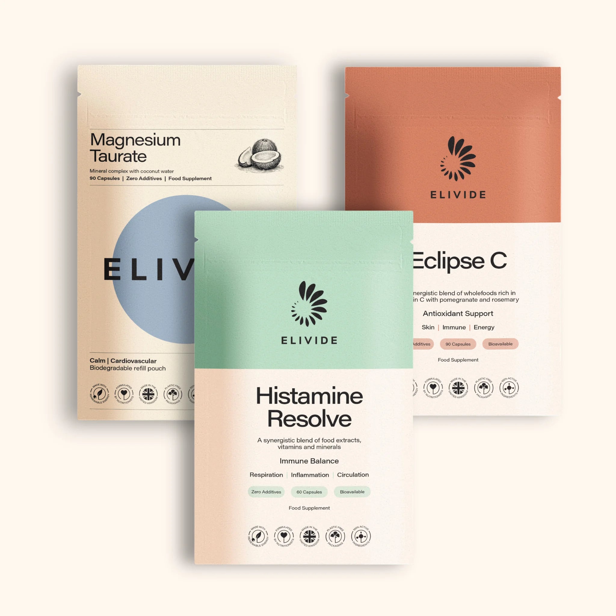 Histamine reset refill pouches with histamine resolve, eclipse wholefood vitamin C, magnesium taurate