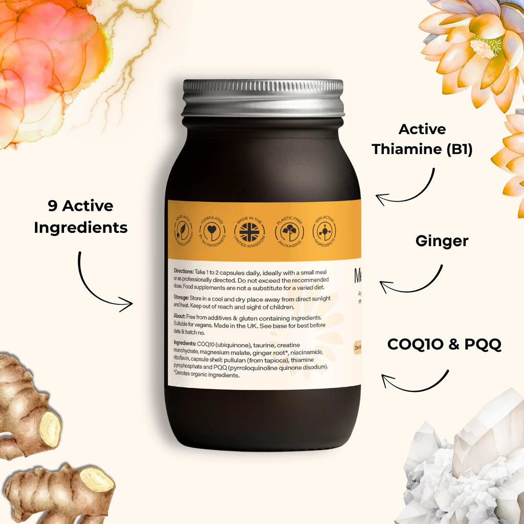 Metabolic Flow ingredients including CoQ10 PQQ taurine ginger and active B vitamins