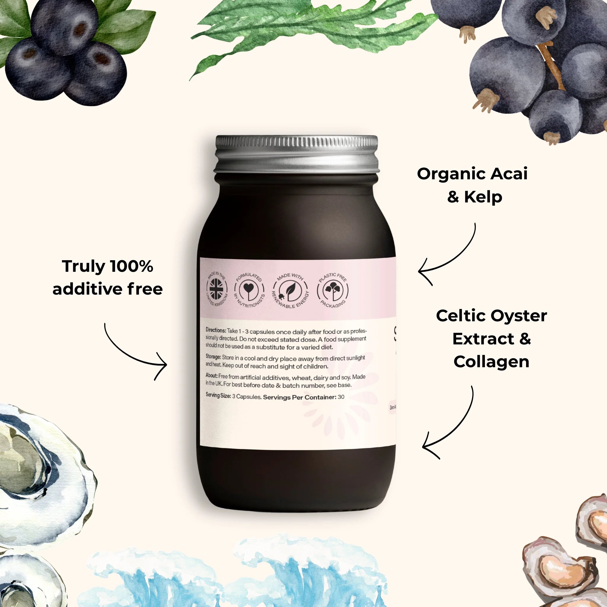 Skin Mineral ingredients including oyster extract marine collagen organic acai and kelp