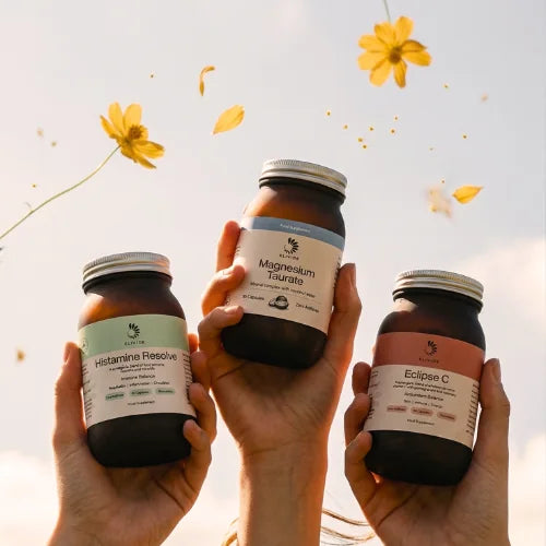 day light customer hands with petals histamine reset stack ELIVIDE wholefood vitamin C, magnesium taurate, histamine resolve